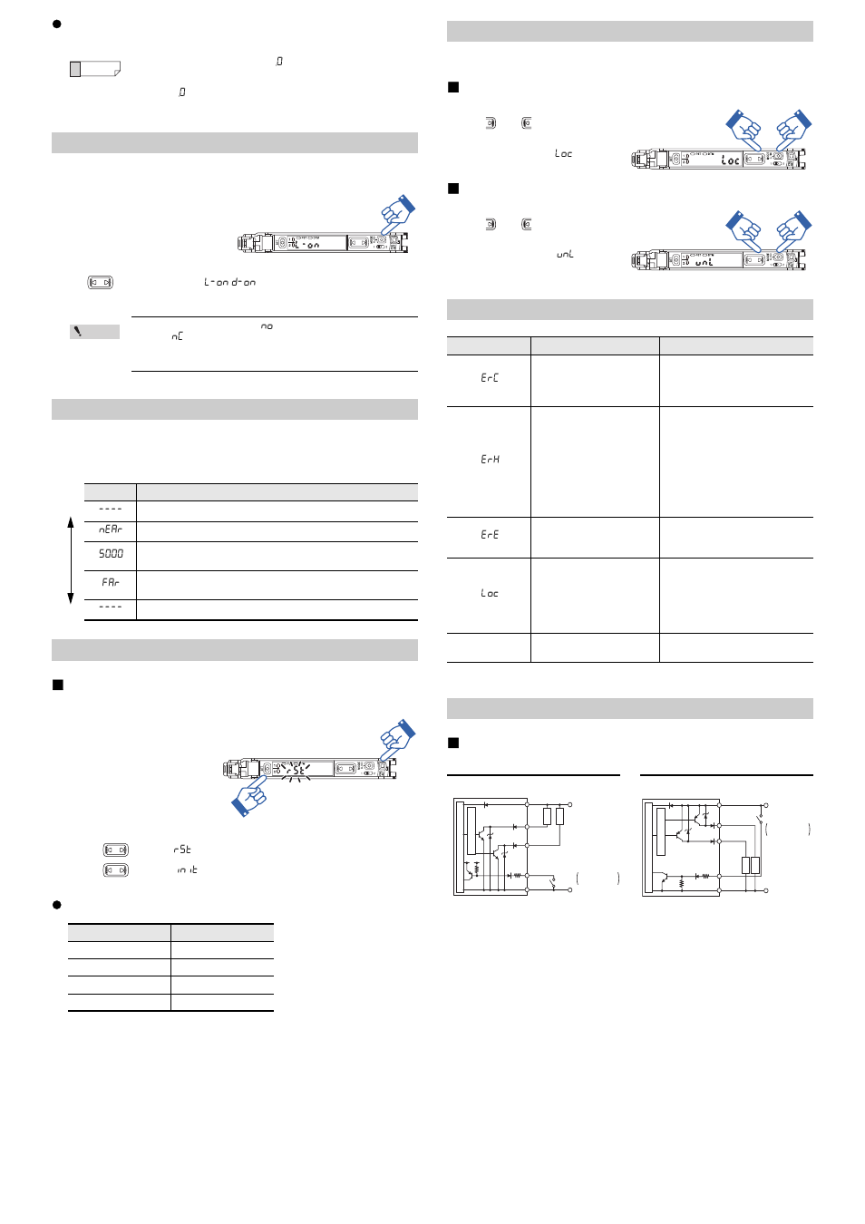 Disable the zero shift function, Output switch, Display when the lv-s31 is connected | Initializing the settings, Initialization method, Initial settings, Key lock, Activating key lock, Deactivating key lock, Error displays and corrective actions | KEYENCE LV-N10 Series User Manual | Page 7 / 12