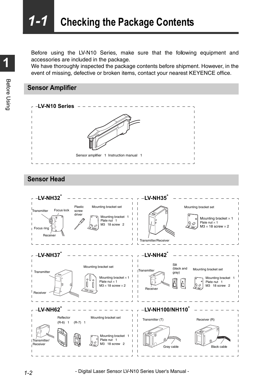 Checking the package contents, Sensor amplifier, Sensor head | Checking the package contents -2, Sensor amplifier -2 sensor head -2, Bef o re u s in g, Lv-n10 series, Lv-nh32, Lv-nh35, Lv-nh37 | KEYENCE LV-N10 Series User Manual | Page 10 / 112