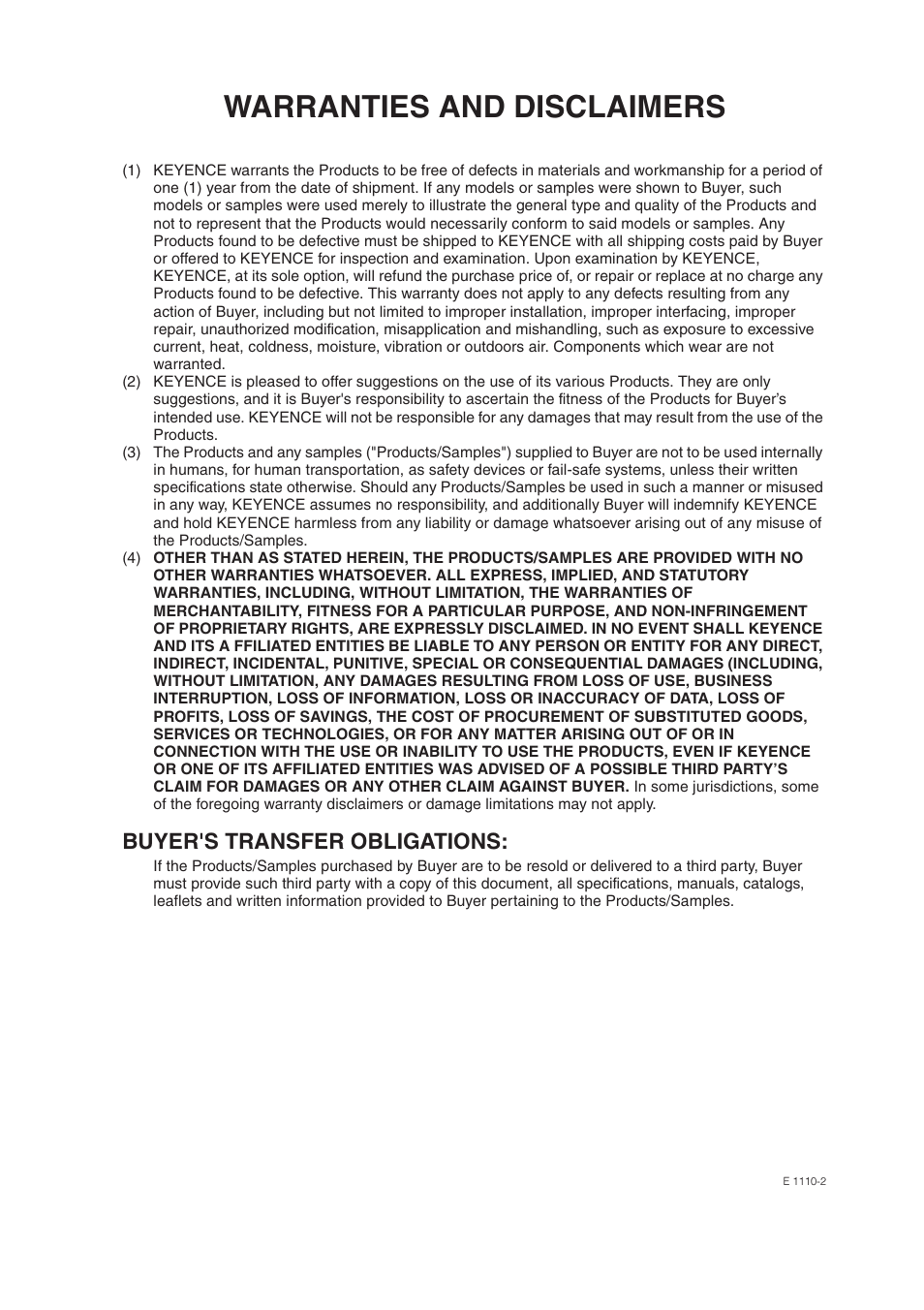 Warranties and disclaimers, Buyer's transfer obligations | KEYENCE LV-N10 Series User Manual | Page 111 / 112