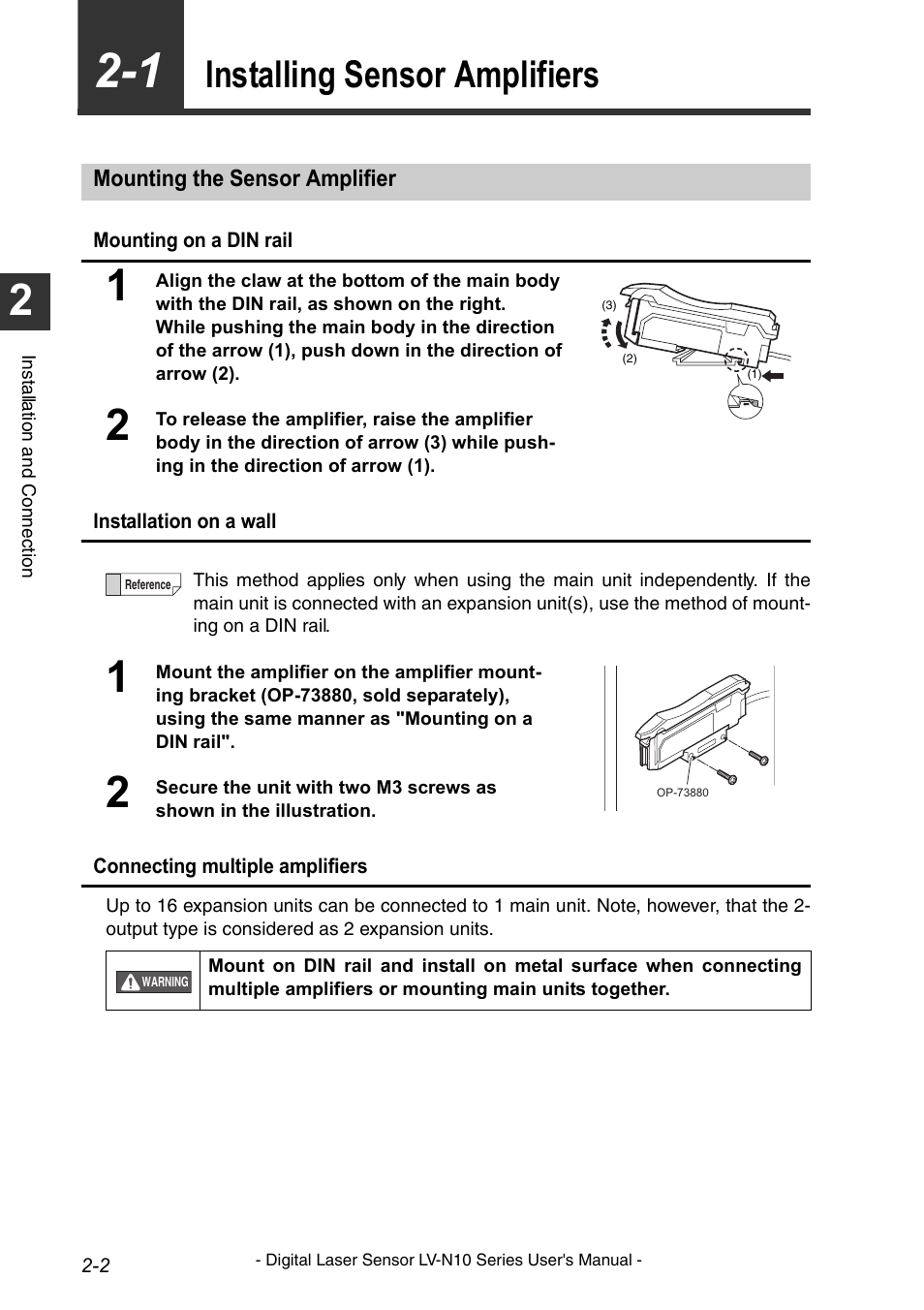 Installing sensor amplifiers, Mounting the sensor amplifier, Installing sensor amplifiers -2 | Mounting the sensor amplifier -2 | KEYENCE LV-N10 Series User Manual | Page 16 / 112