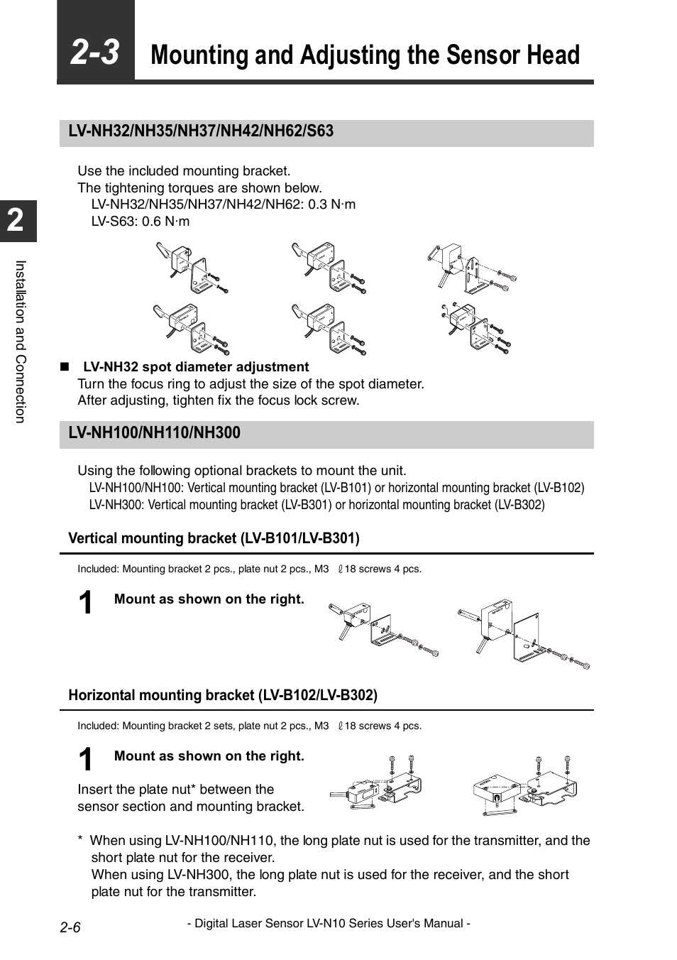 Mounting and adjusting the sensor head, Lv-nh32/nh35/nh37/nh42/nh62/s63, Lv-nh100/nh110/nh300 | Mounting and adjusting the sensor head -6 | KEYENCE LV-N10 Series User Manual | Page 20 / 112