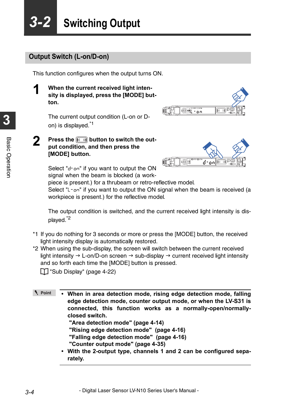 Switching output, Output switch (l-on/d-on), Switching output -4 | Output switch (l-on/d-on) -4 | KEYENCE LV-N10 Series User Manual | Page 28 / 112