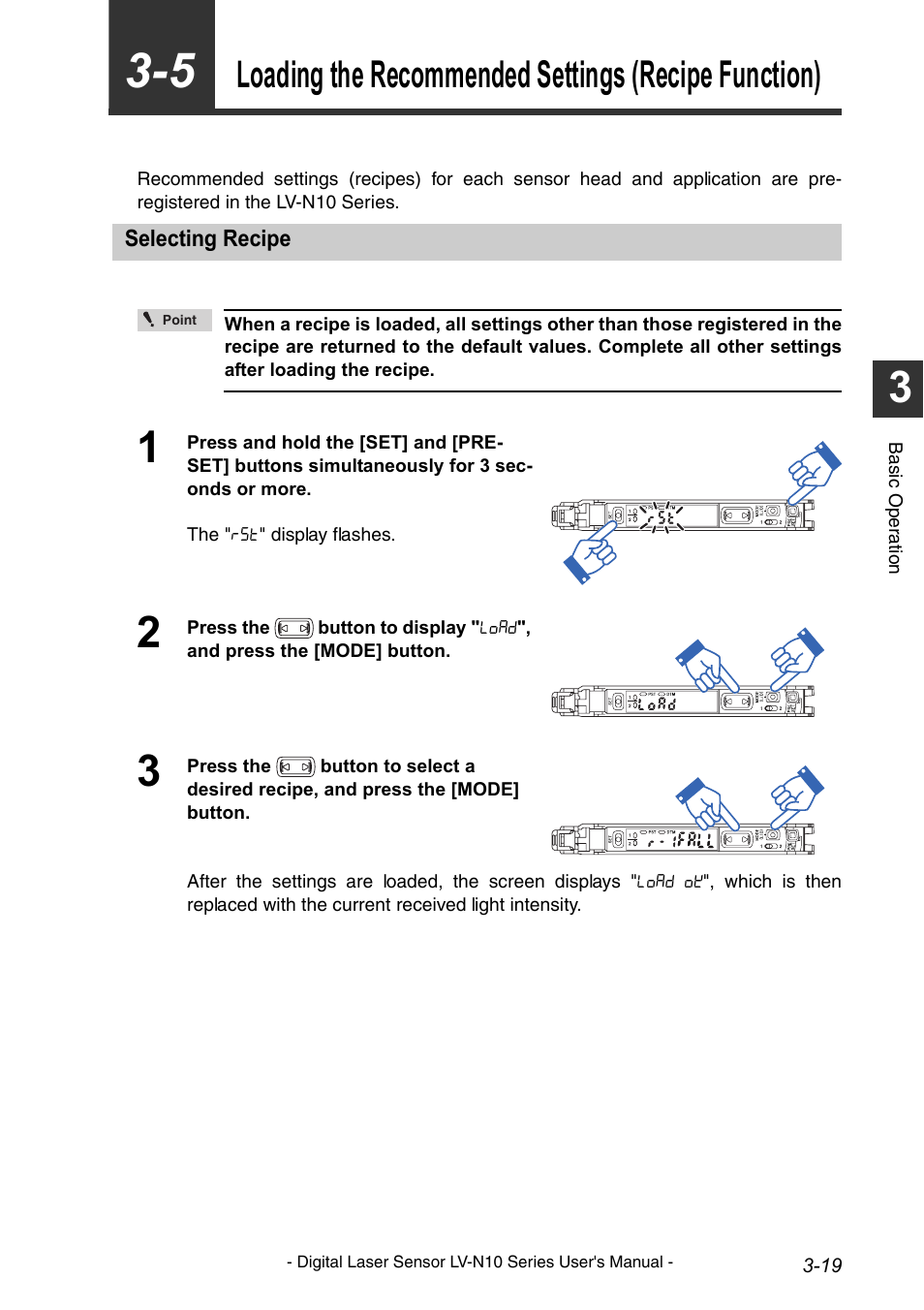 Loading the recommended settings (recipe function), Selecting recipe, Selecting recipe -19 | KEYENCE LV-N10 Series User Manual | Page 43 / 112