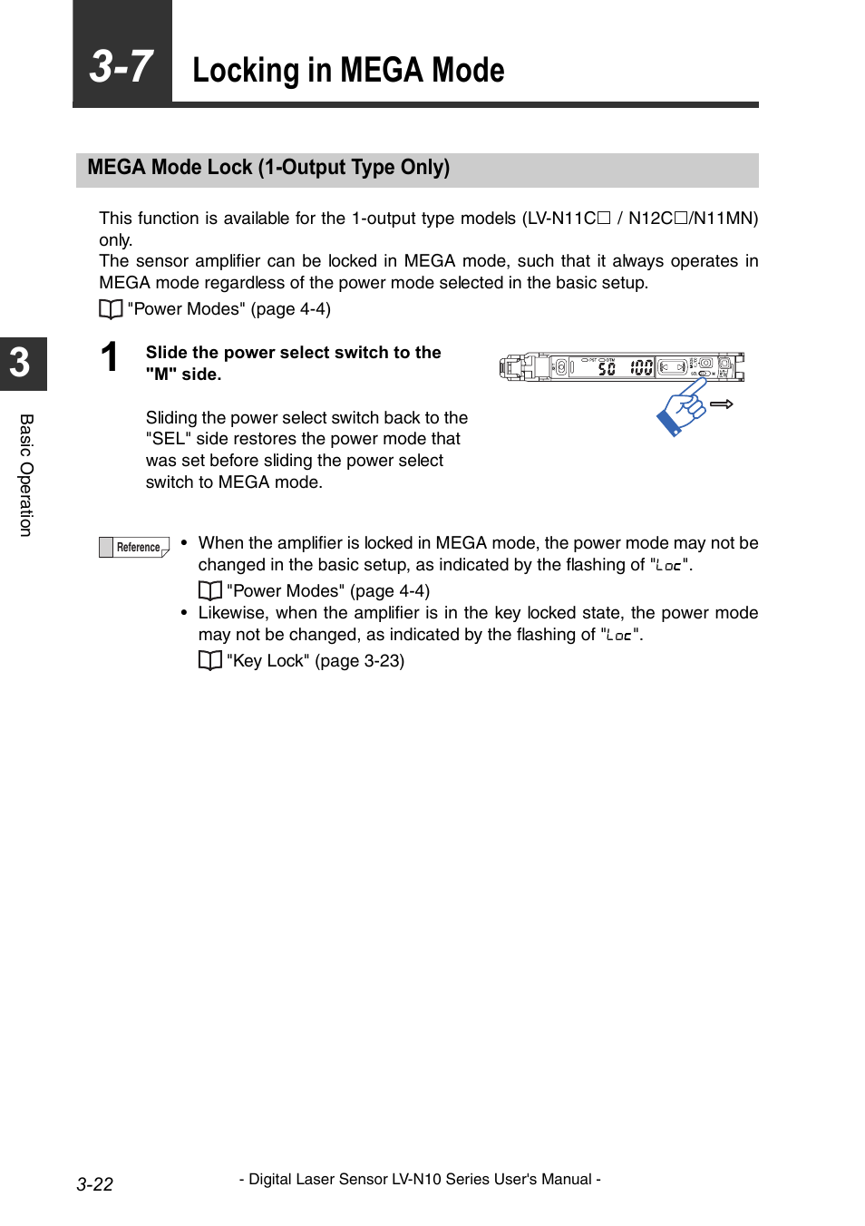 Locking in mega mode, Mega mode lock (1-output type only), Locking in mega mode -22 | Mega mode lock (1-output type only) -22 | KEYENCE LV-N10 Series User Manual | Page 46 / 112