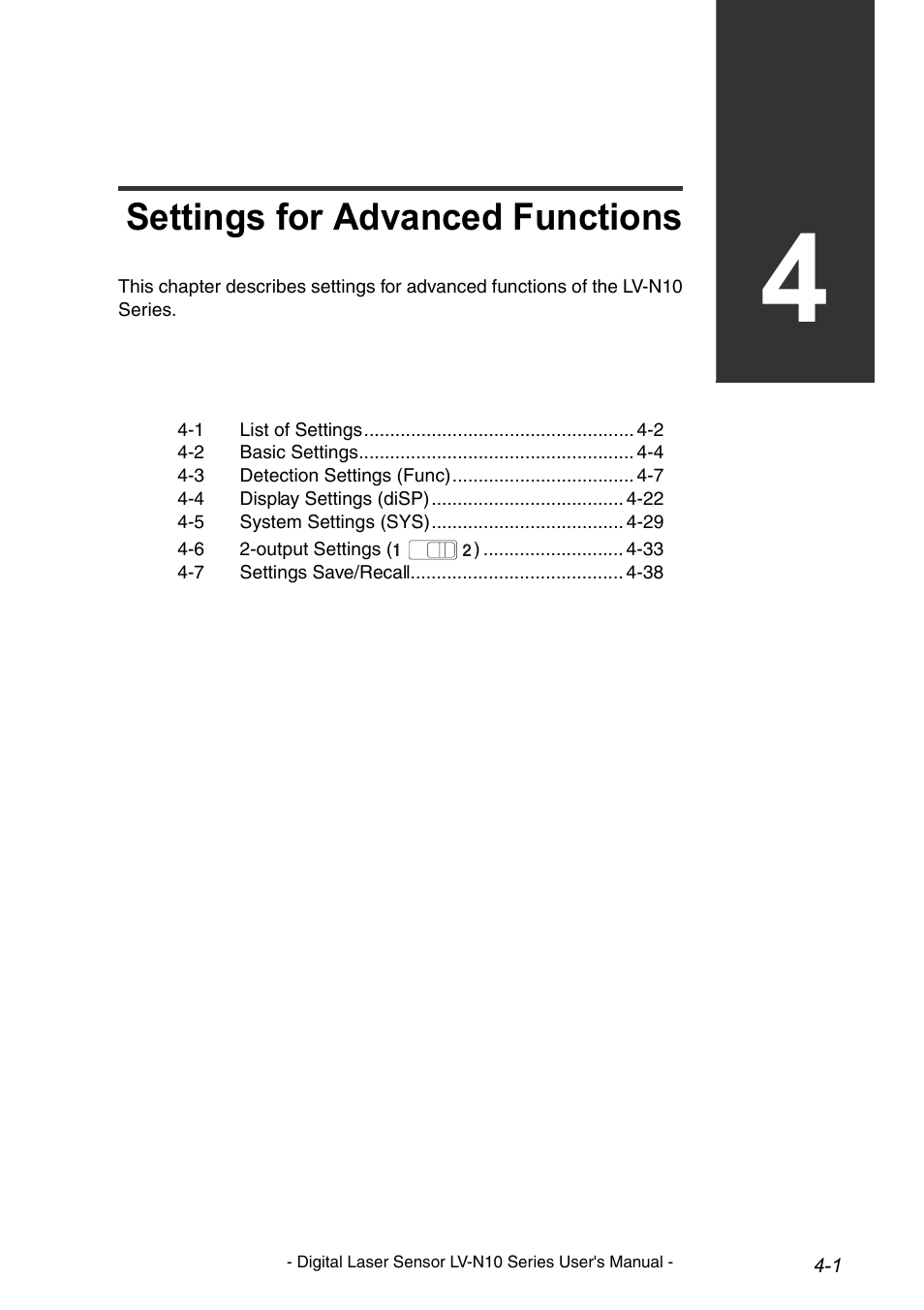 Settings for advanced functions, Chapter 4 settings for advanced functions | KEYENCE LV-N10 Series User Manual | Page 49 / 112