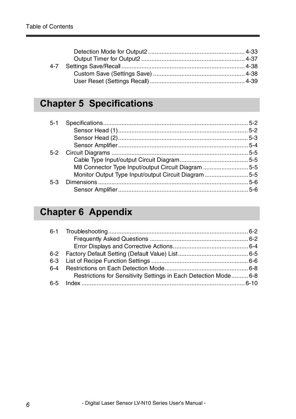 Chapter 5 specifications chapter 6 appendix | KEYENCE LV-N10 Series User Manual | Page 8 / 112