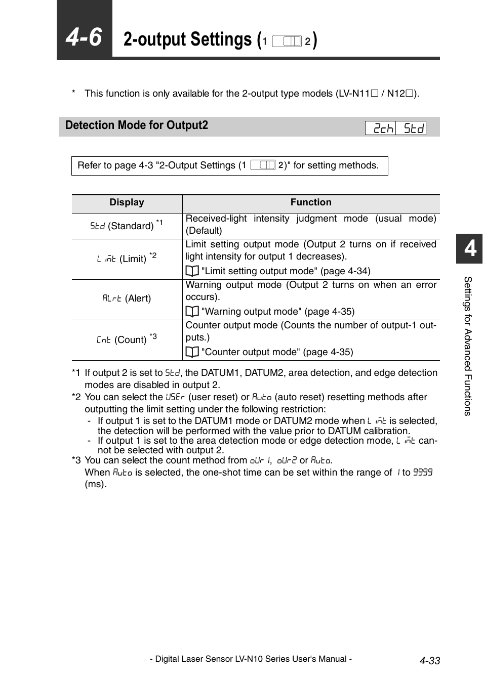 Output settings (), Detection mode for output2, Output settings | Detection mode for output2 -33, Age 4-33), Output settings ( ) | KEYENCE LV-N10 Series User Manual | Page 81 / 112