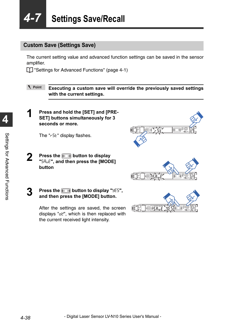 Settings save/recall, Custom save (settings save), Settings save/recall -38 | Custom save (settings save) -38 | KEYENCE LV-N10 Series User Manual | Page 86 / 112