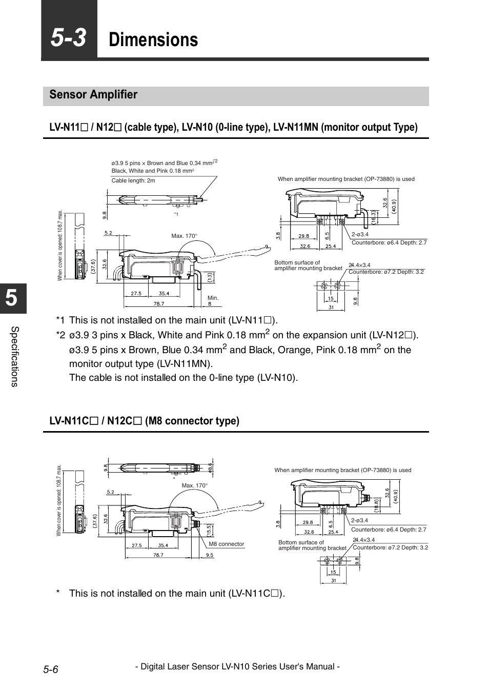 Dimensions, Sensor amplifier, Dimensions -6 | Sensor amplifier -6 | KEYENCE LV-N10 Series User Manual | Page 94 / 112