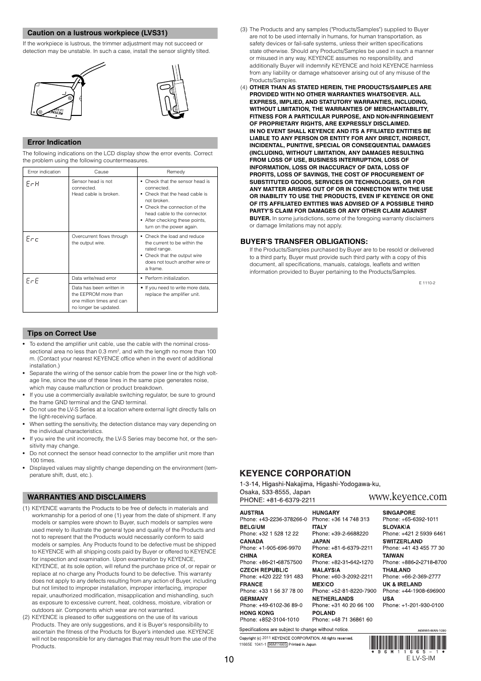 Caution on a lustrous workpiece (lvs31), Error indication, Tips on correct use | Warranties and disclaimers, Buyer's transfer obligations | KEYENCE LV-SA User Manual | Page 10 / 10