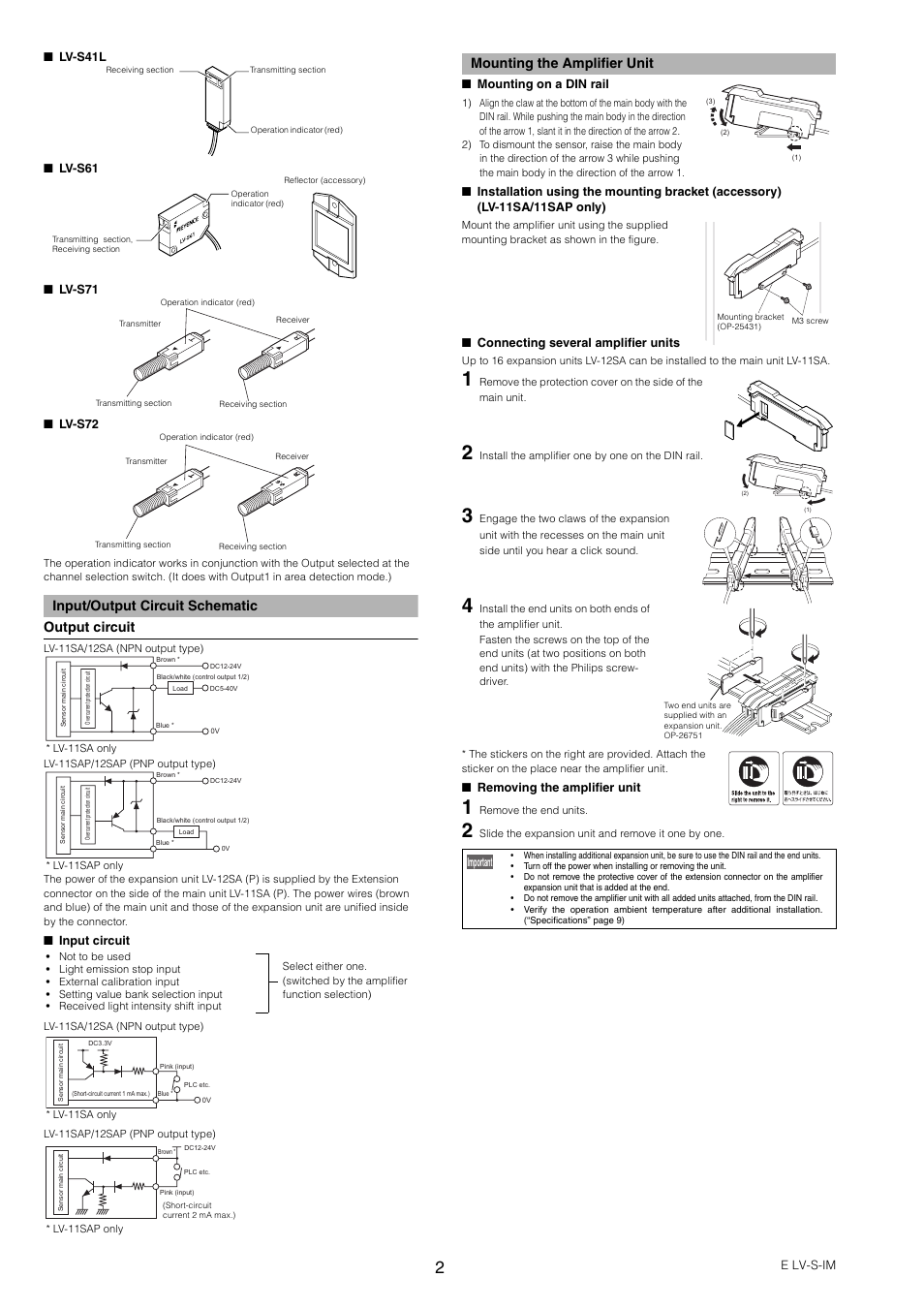 Input/output circuit schematic, Mounting the amplifier unit, Input/output circuit schematic output circuit | KEYENCE LV-SA User Manual | Page 2 / 10