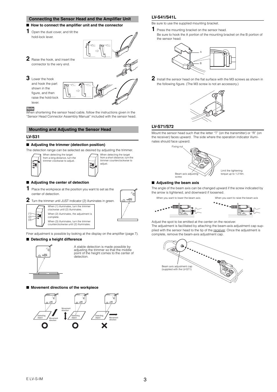Connecting the sensor head and the amplifier unit, Mounting and adjusting the sensor head, Mounting and adjusting the sensor head lv-s31 | Lv-s41/s41l, Lv-s71/s72 | KEYENCE LV-SA User Manual | Page 3 / 10