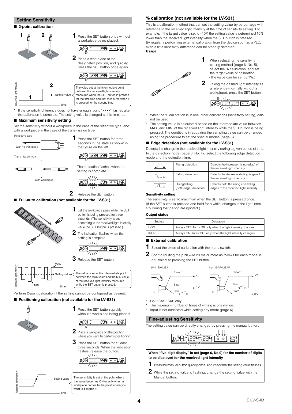 Setting sensitivity, Fine-adjusting sensitivity | KEYENCE LV-SA User Manual | Page 4 / 10