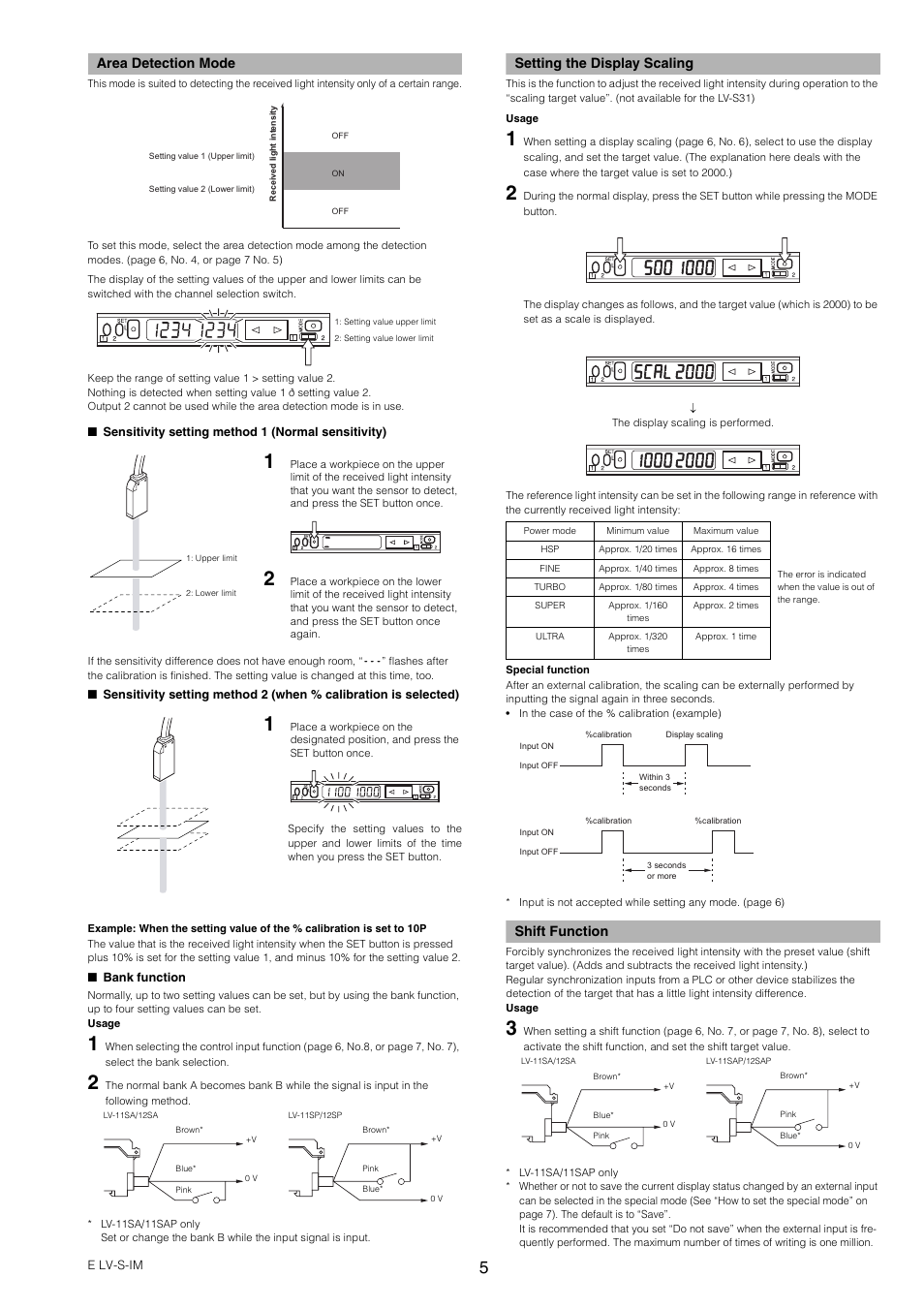 Area detection mode, Setting the display scaling, Shift function | KEYENCE LV-SA User Manual | Page 5 / 10