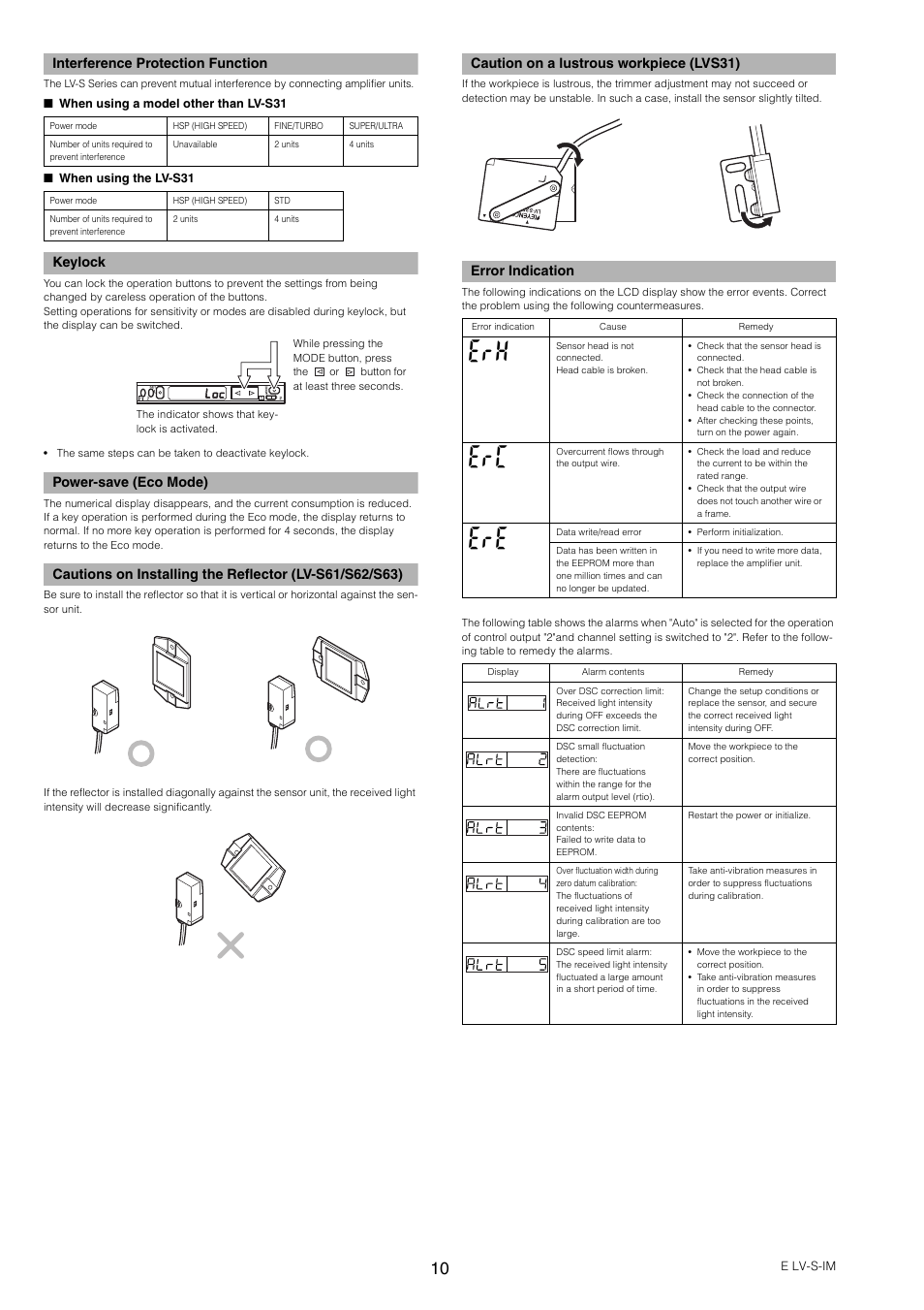 Interference protection function, Keylock, Power-save (eco mode) | Caution on a lustrous workpiece (lvs31), Error indication | KEYENCE LV-SB User Manual | Page 10 / 12