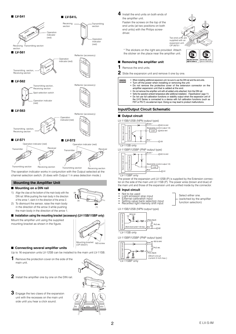 Mounting the amplifier unit, Input/output circuit schematic | KEYENCE LV-SB User Manual | Page 2 / 12