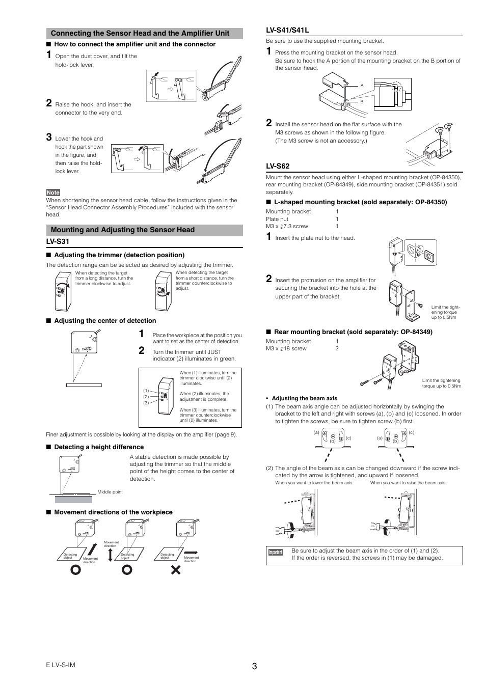 Connecting the sensor head and the amplifier unit, Mounting and adjusting the sensor head | KEYENCE LV-SB User Manual | Page 3 / 12