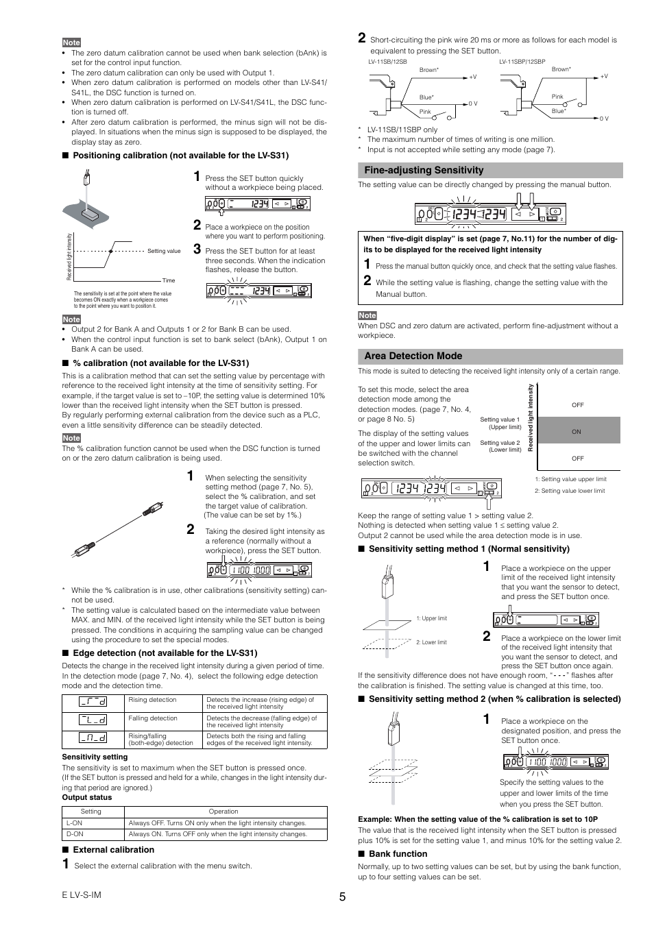 Fine-adjusting sensitivity, Area detection mode | KEYENCE LV-SB User Manual | Page 5 / 12