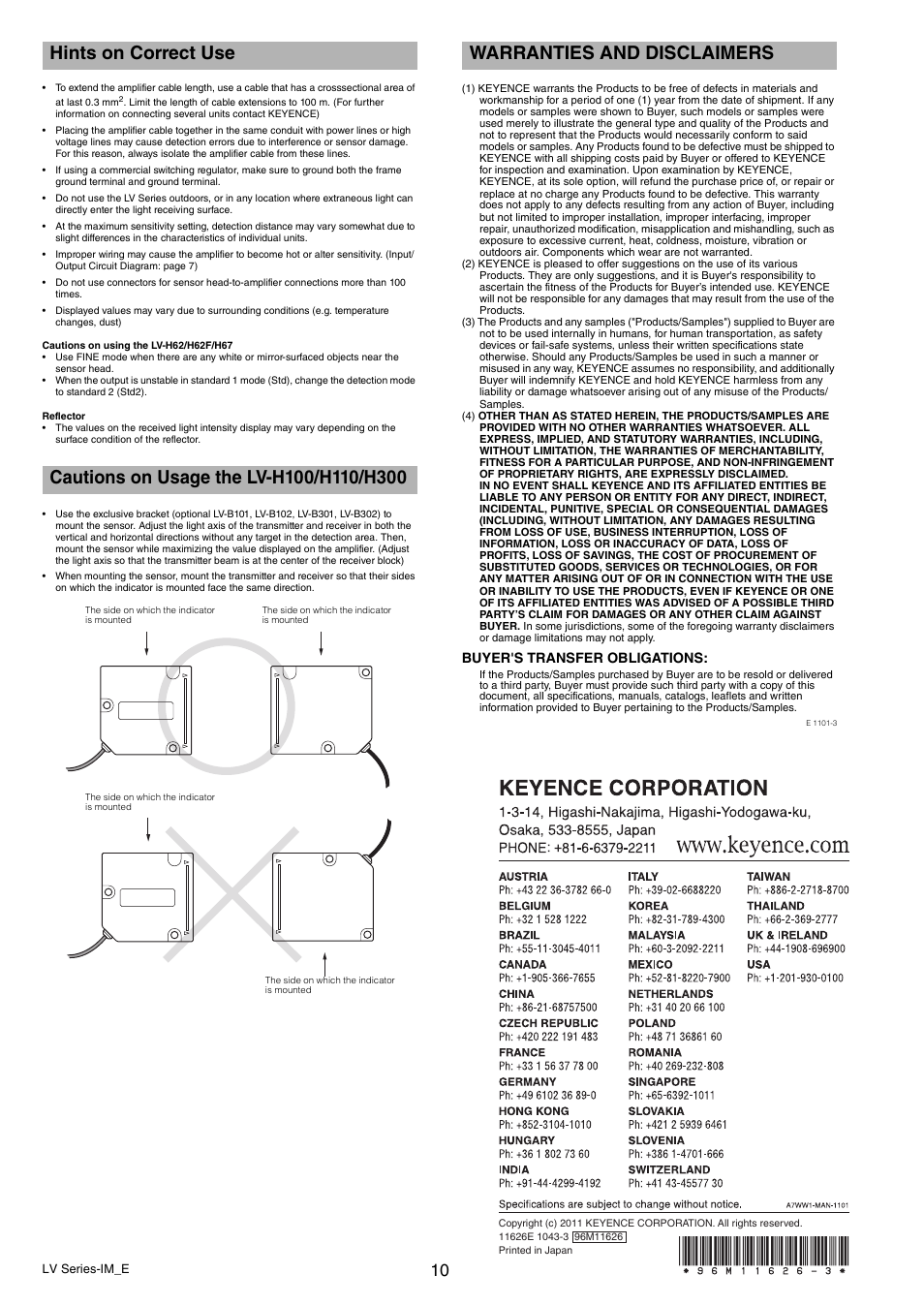 Hints on correct use, Cautions on usage the lv-h100/h110/h300, Warranties and disclaimers | KEYENCE LV Series User Manual | Page 10 / 10