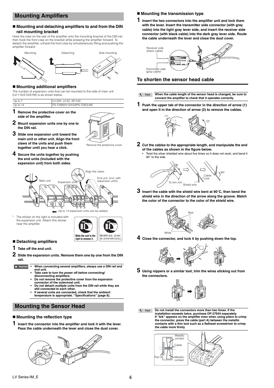 Mounting amplifiers, Mounting the sensor head | KEYENCE LV Series User Manual | Page 4 / 10