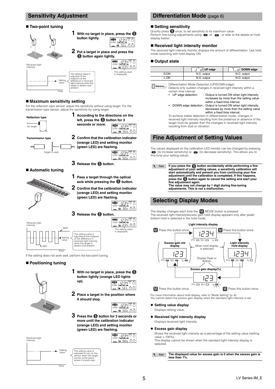 Sensitivity adjustment, Fine adjustment of setting values, Selecting display modes | Differentiation mode, Page 6), Two-point tuning  maximum sensitivity setting, Automatic tuning, Positioning tuning  setting sensitivity, Received light intensity monitor, Output state | KEYENCE LV Series User Manual | Page 5 / 10