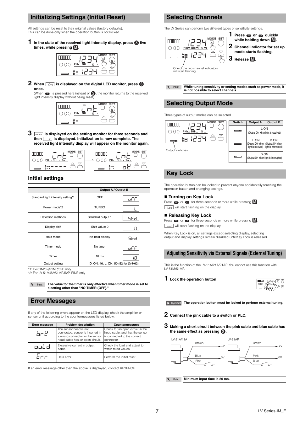 Initializing settings (initial reset), Error messages, Selecting channels | Selecting output mode, Key lock, Ould, Initial settings | KEYENCE LV Series User Manual | Page 7 / 10