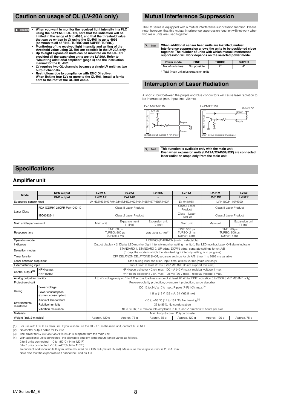 Caution on usage of ql (lv-20a only), Mutual interference suppression, Interruption of laser radiation | Specifications, Amplifier unit | KEYENCE LV Series User Manual | Page 8 / 10