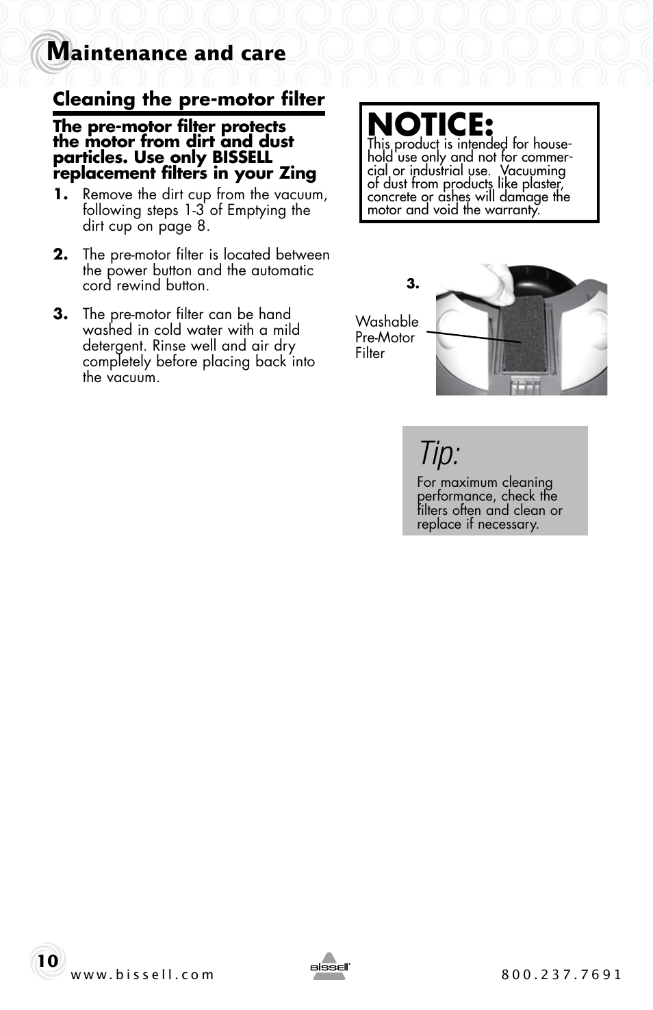 Notice, Aintenance and care | Bissell ZING 10M2 User Manual | Page 10 / 16