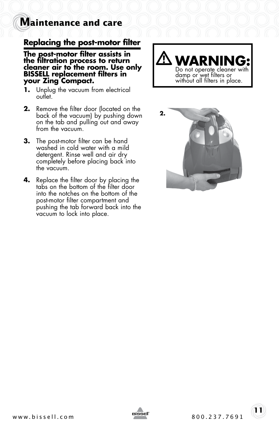 Warning, Aintenance and care | Bissell ZING 10M2 User Manual | Page 11 / 16