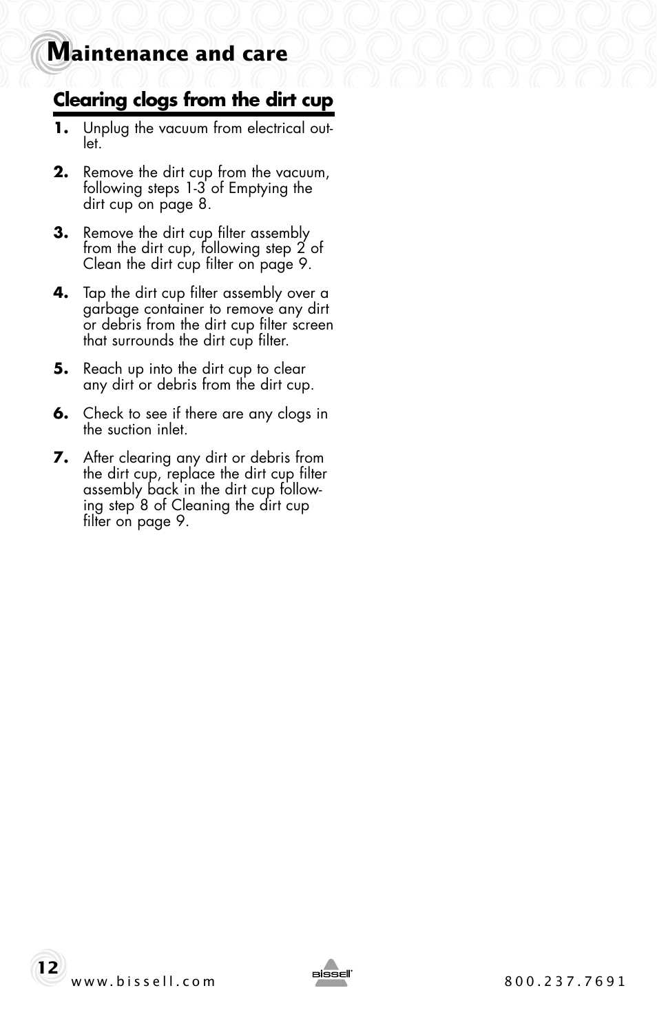 Aintenance and care, Clearing clogs from the dirt cup | Bissell ZING 10M2 User Manual | Page 12 / 16