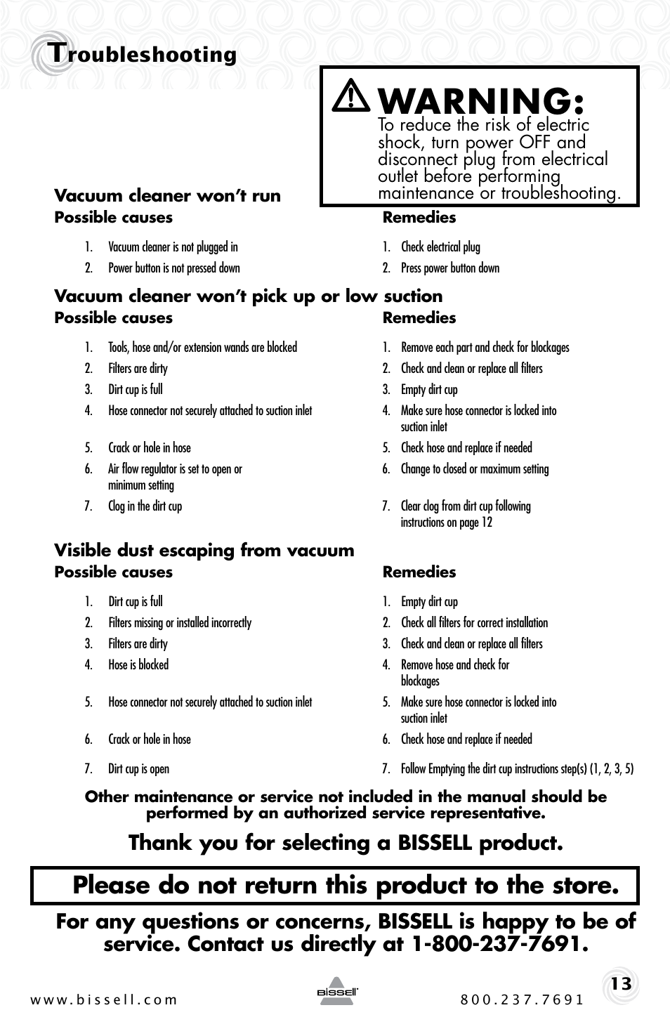 Warning, Please do not return this product to the store, Roubleshooting | Bissell ZING 10M2 User Manual | Page 13 / 16