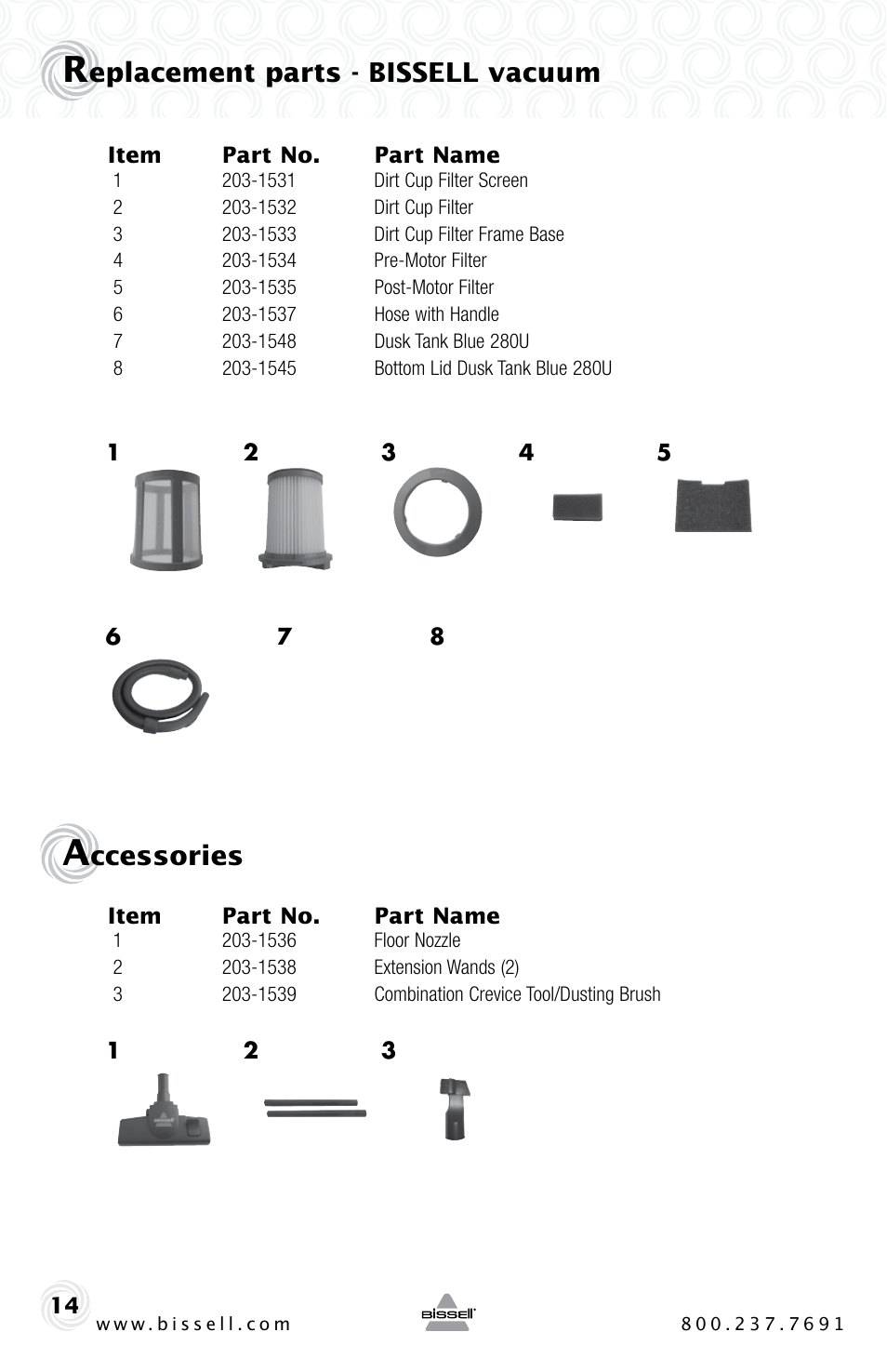 Eplacement parts - bissell vacuum, Ccessories | Bissell ZING 10M2 User Manual | Page 14 / 16