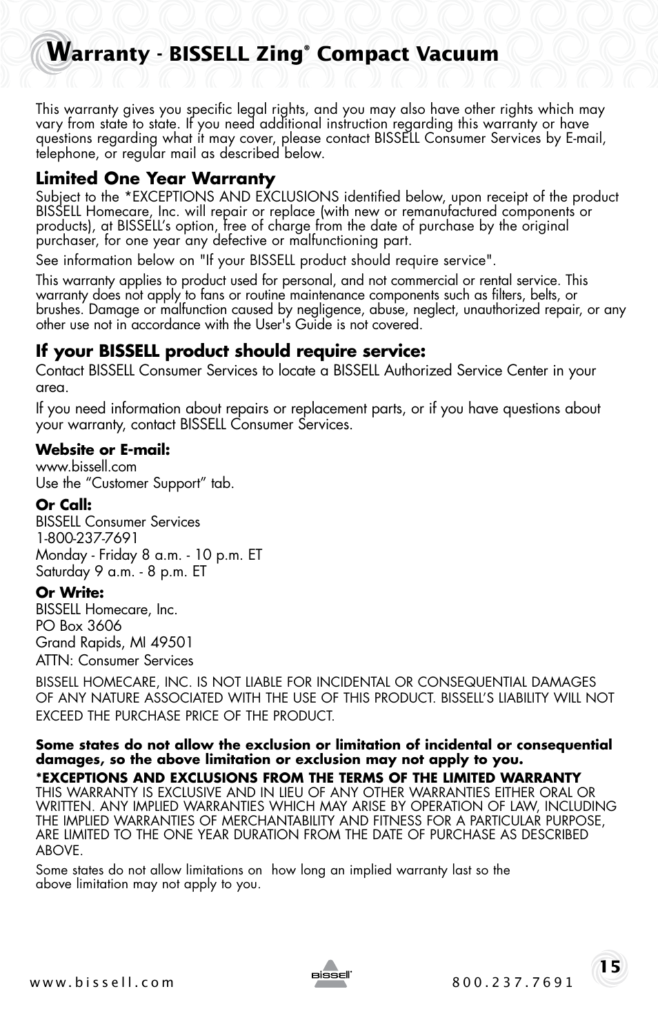 Arranty - bissell zing, Compact vacuum | Bissell ZING 10M2 User Manual | Page 15 / 16