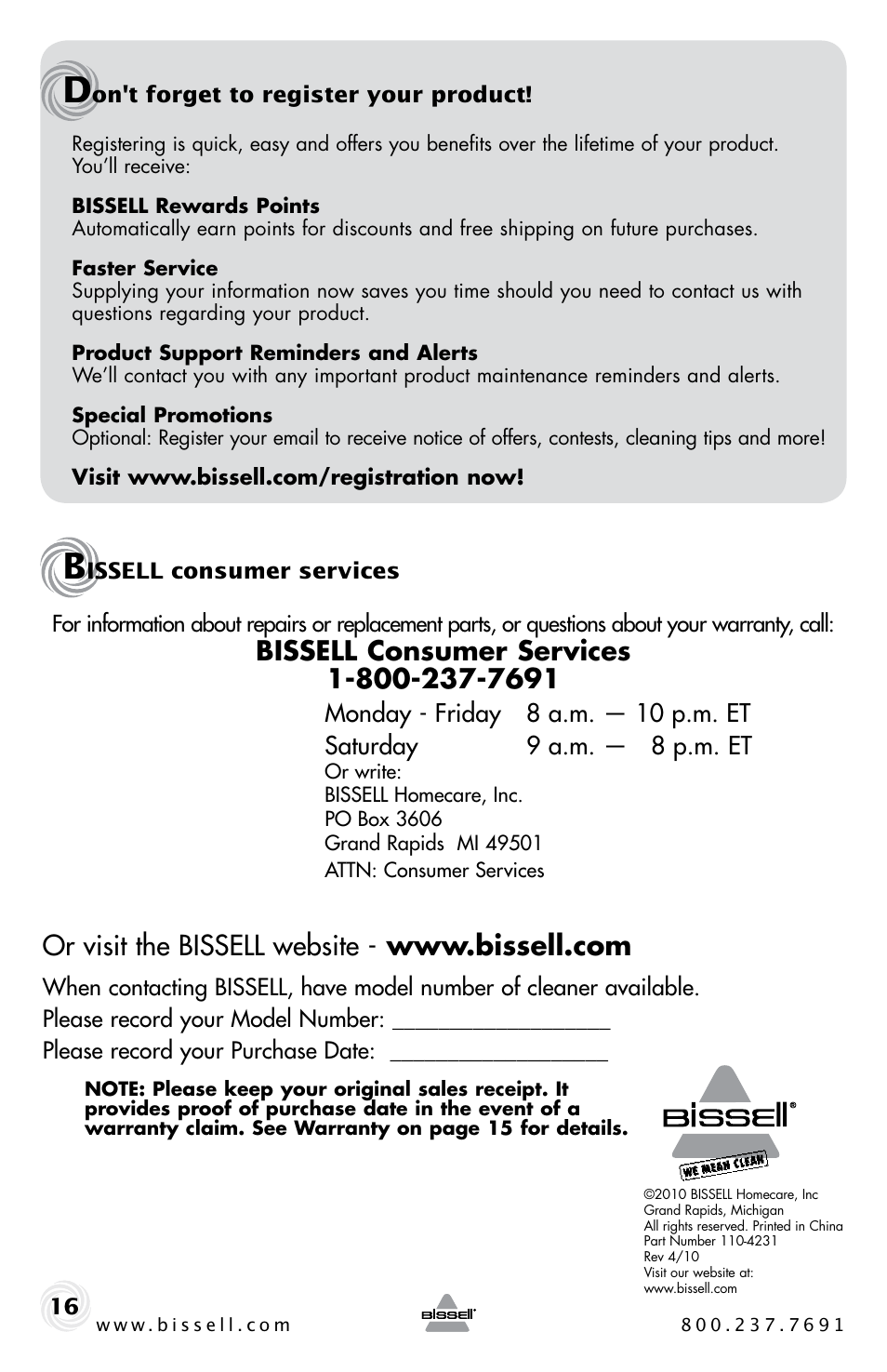 Bissell ZING 10M2 User Manual | Page 16 / 16