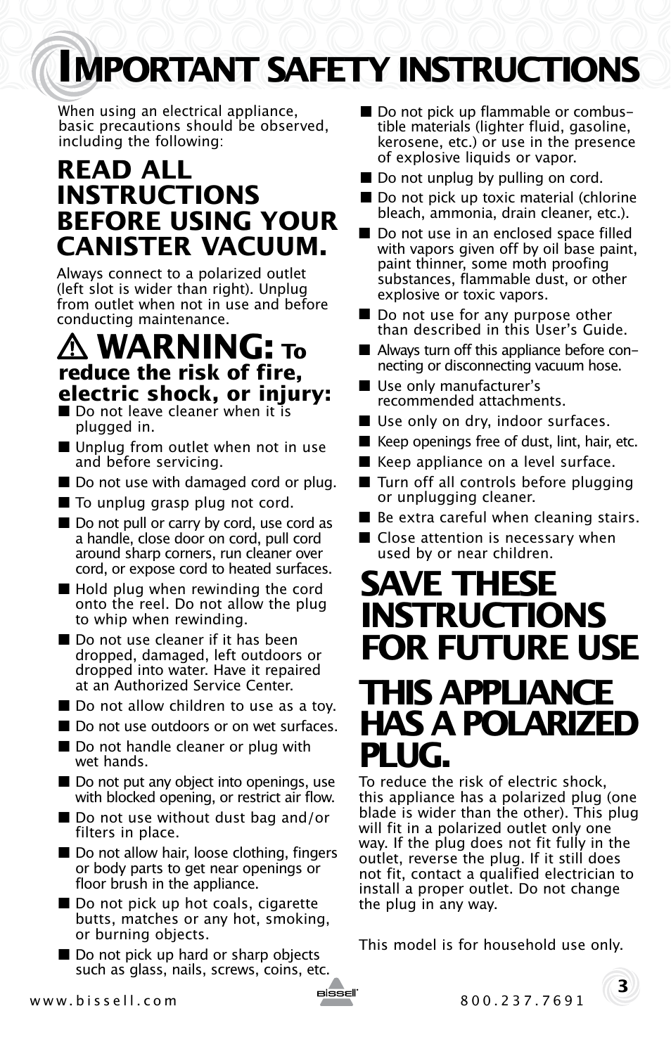 Mportant safety instructions, Warning | Bissell ZING 10M2 User Manual | Page 3 / 16