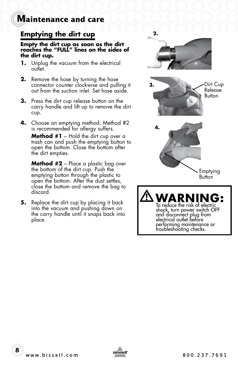 Warning, Aintenance and care, Emptying the dirt cup | Bissell ZING 10M2 User Manual | Page 8 / 16