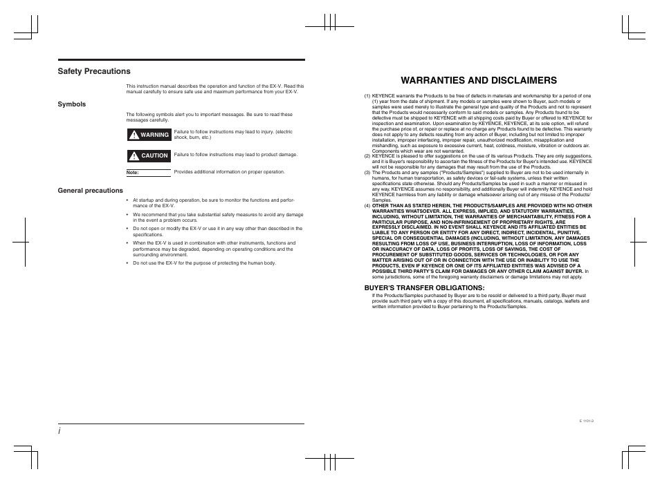 Warranties and disclaimers, Safety precautions | KEYENCE EX-V Series User Manual | Page 119 / 120