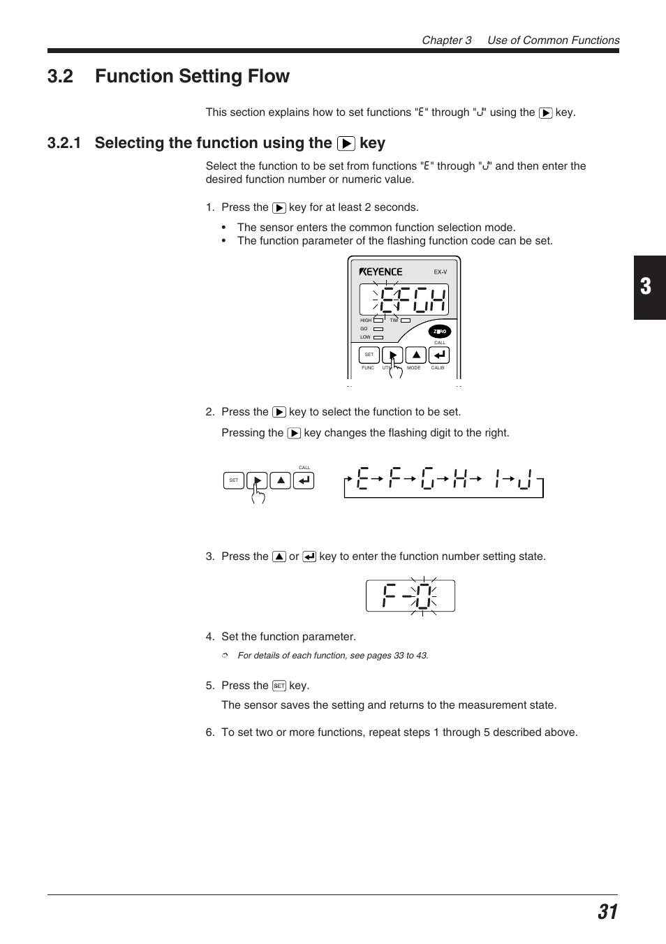 2 function setting flow, 1 selecting the function using the > key, 1 selecting the function using the key | KEYENCE EX-V Series User Manual | Page 41 / 120