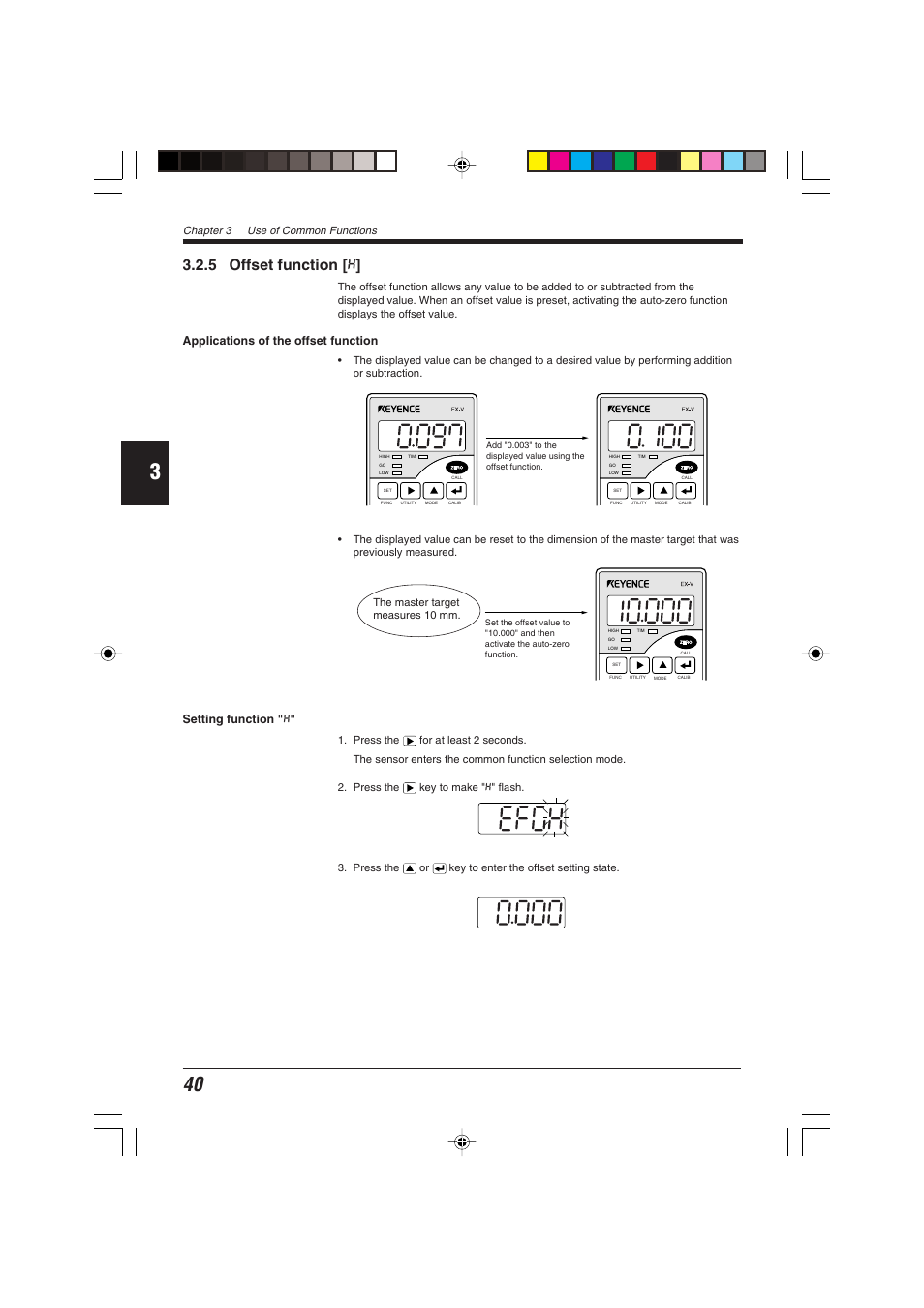 5 offset function [h, 5 offset function [ x, Applications of the offset function | Setting function " x, Chapter 3 use of common functions, The master target measures 10 mm | KEYENCE EX-V Series User Manual | Page 50 / 120