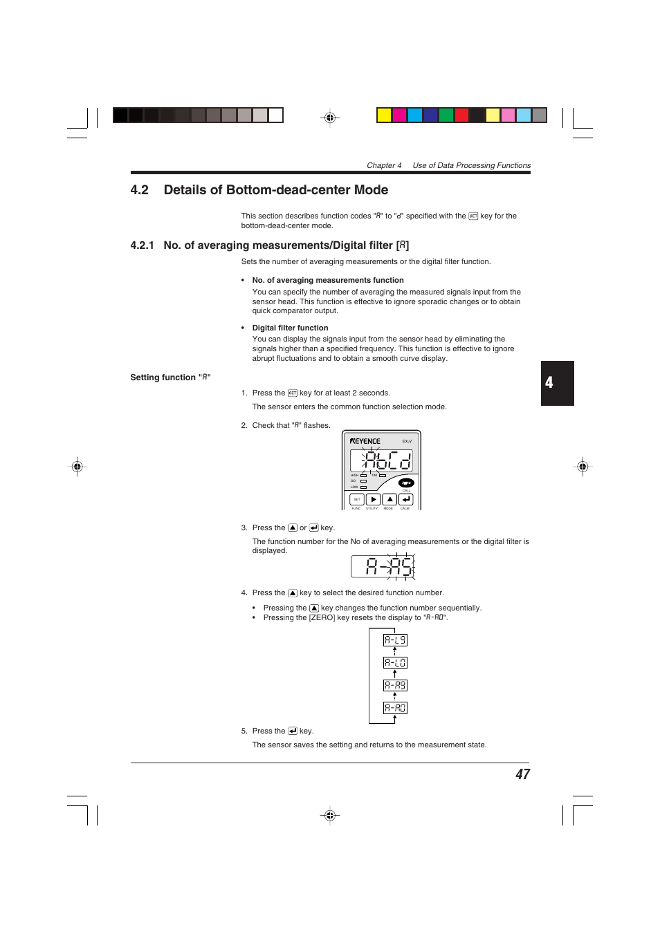 2 details of bottom-dead-center mode, 1 no. of averaging measurements/digital filter [a, 1 no. of averaging measurements/digital filter [ a | KEYENCE EX-V Series User Manual | Page 57 / 120