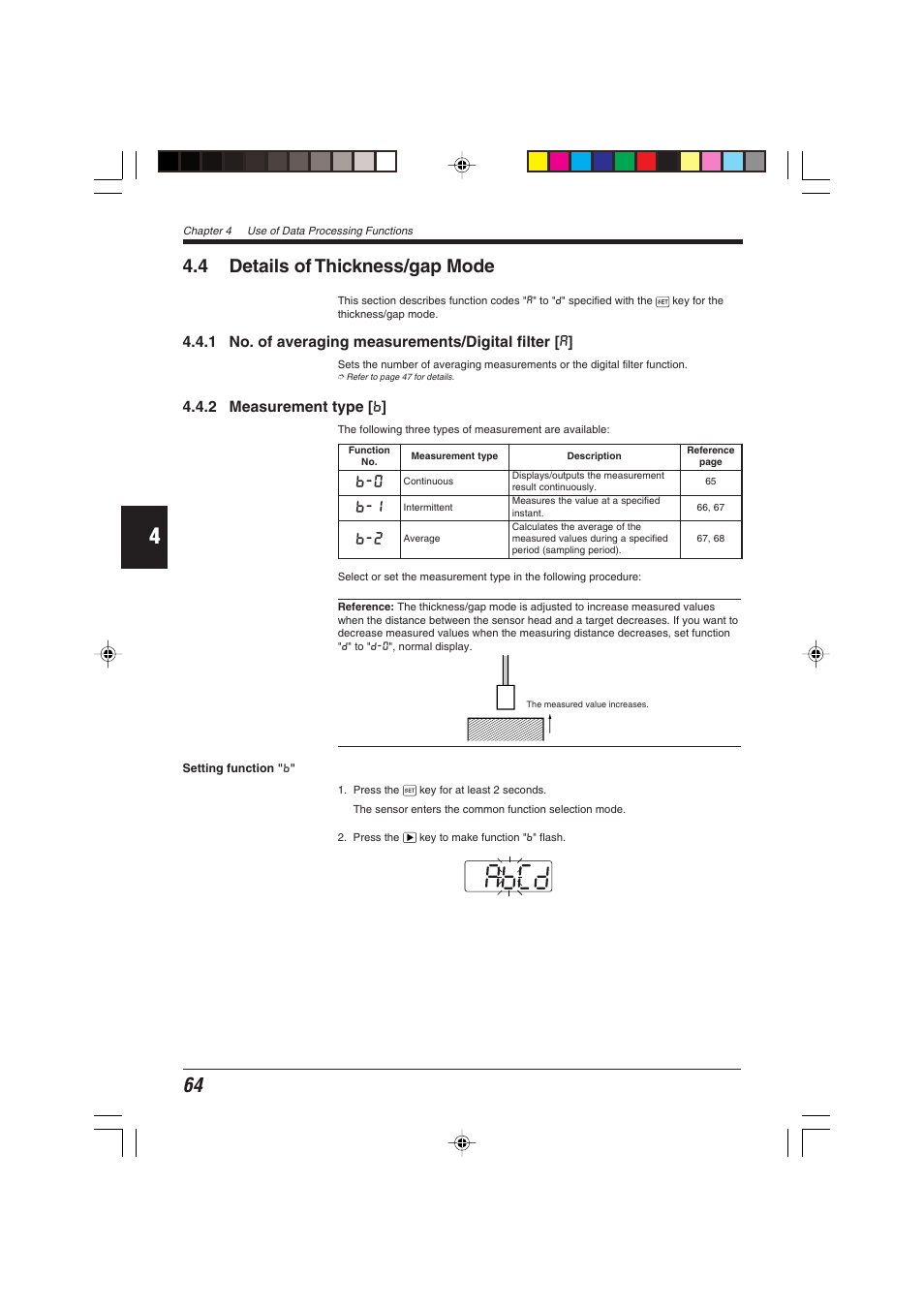 4 details of thickness/gap mode, 1 no. of averaging measurements/digital filter [a, 2 measurement type [b | 1 no. of averaging measurements/digital filter [ a, 2 measurement type [ b | KEYENCE EX-V Series User Manual | Page 74 / 120