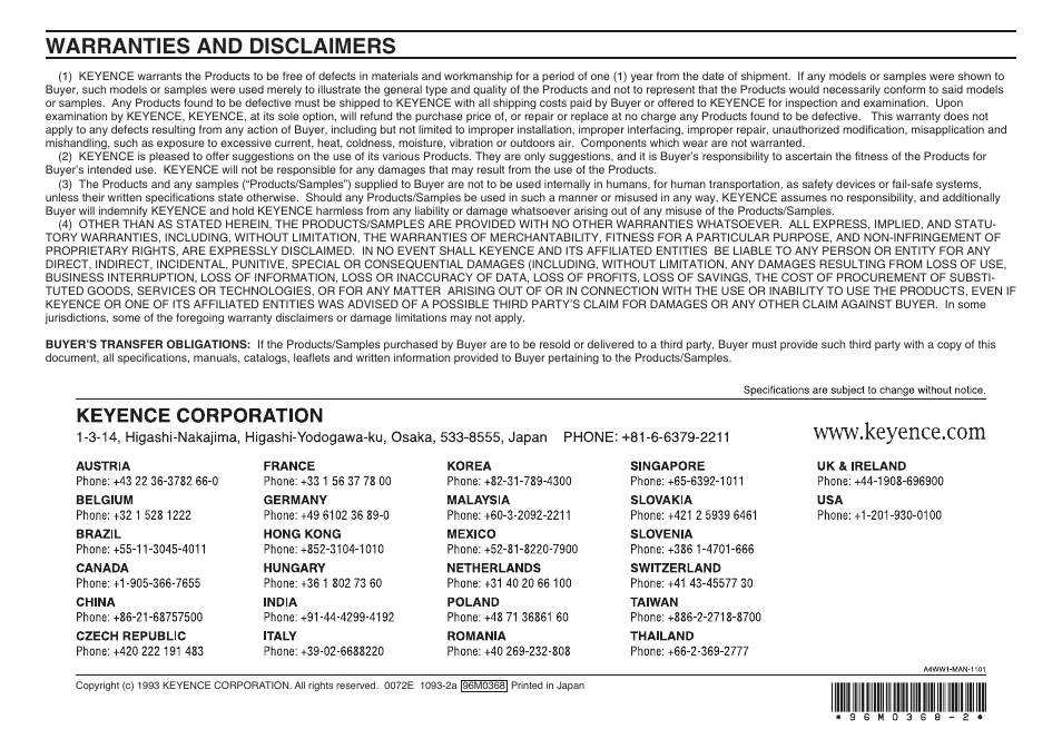 Warranties and disclaimers | KEYENCE EX-500(W) Series User Manual | Page 16 / 16