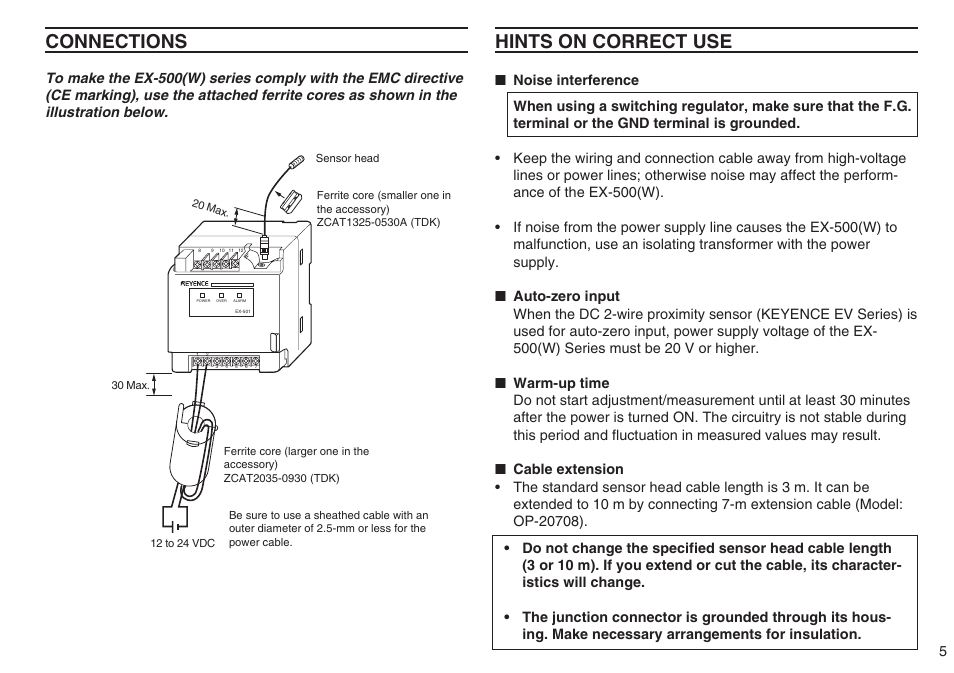 Hints on correct use, Connections | KEYENCE EX-500(W) Series User Manual | Page 5 / 16