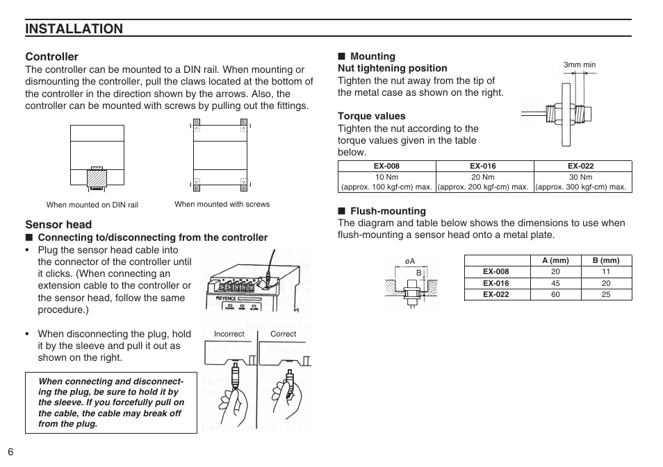 Installation, Controller, Sensor head | KEYENCE EX-500(W) Series User Manual | Page 6 / 16