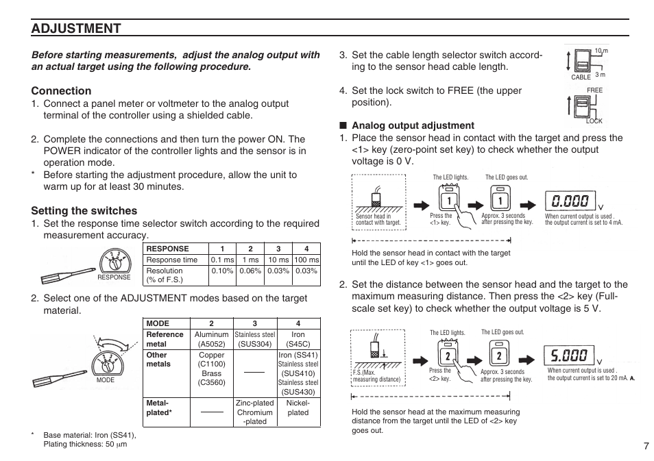 Adjustment, Connection, Setting the switches | KEYENCE EX-500(W) Series User Manual | Page 7 / 16