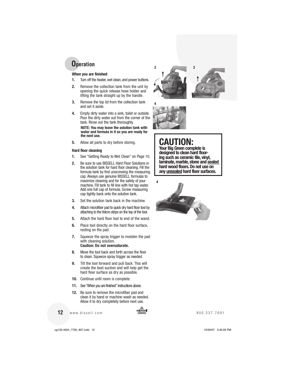 Caution, Peration | Bissell 7700 User Manual | Page 12 / 20