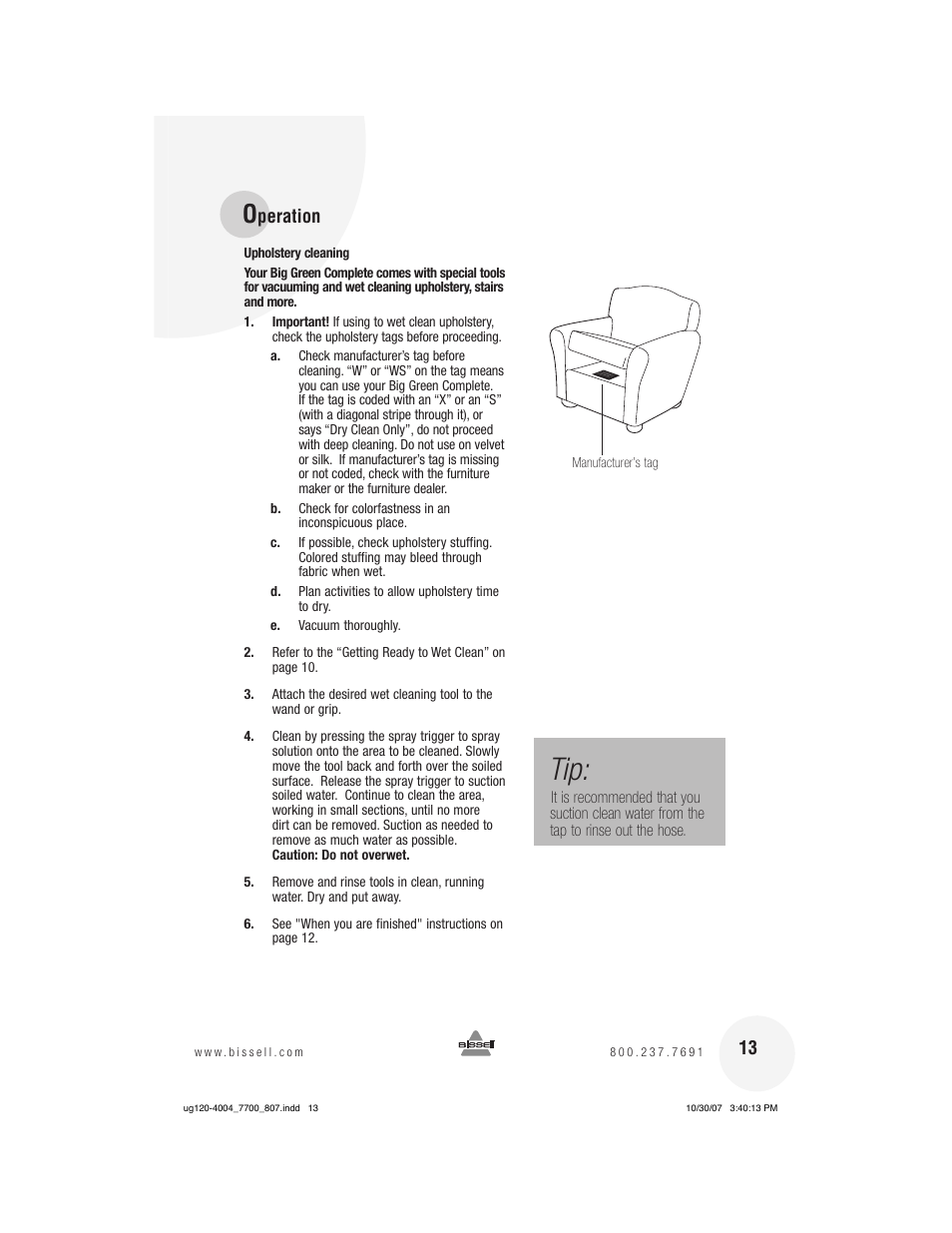 Peration | Bissell 7700 User Manual | Page 13 / 20