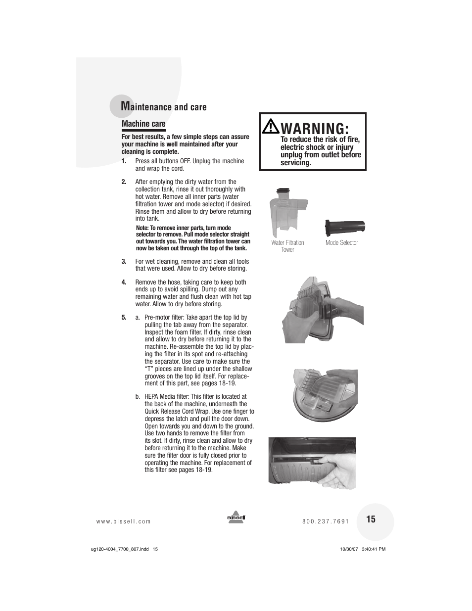 Warning | Bissell 7700 User Manual | Page 15 / 20