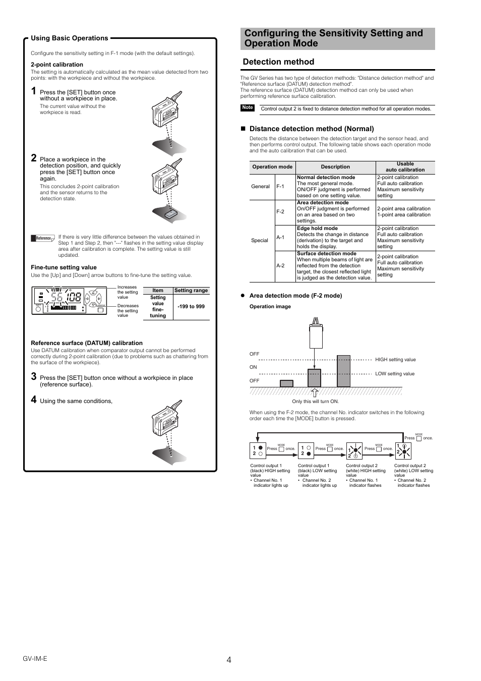 Detection method, Distance detection method (normal) | KEYENCE GV Series User Manual | Page 4 / 10
