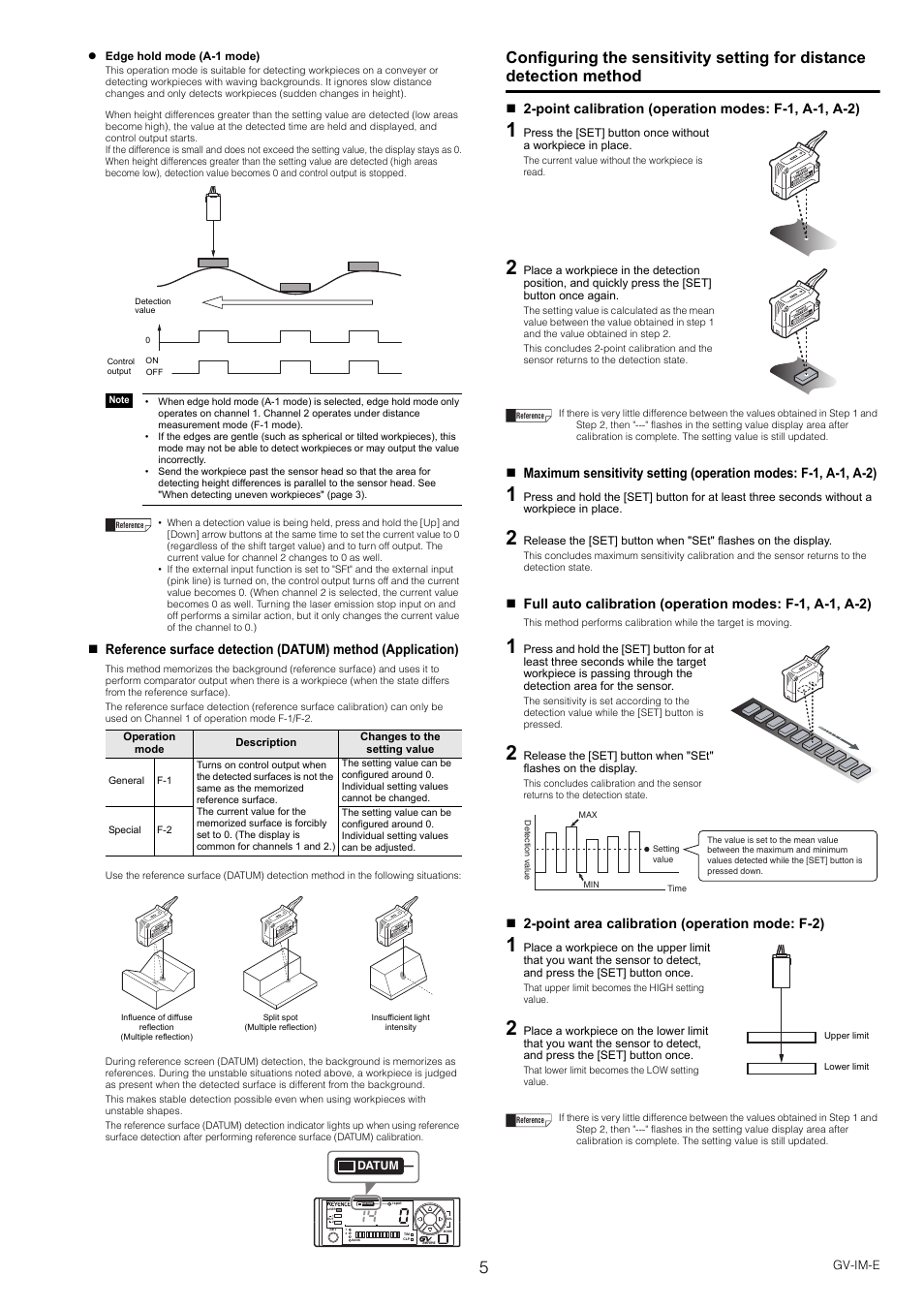 Point calibration (operation modes: f-1, a-1, a-2), Point area calibration (operation mode: f-2) | KEYENCE GV Series User Manual | Page 5 / 10